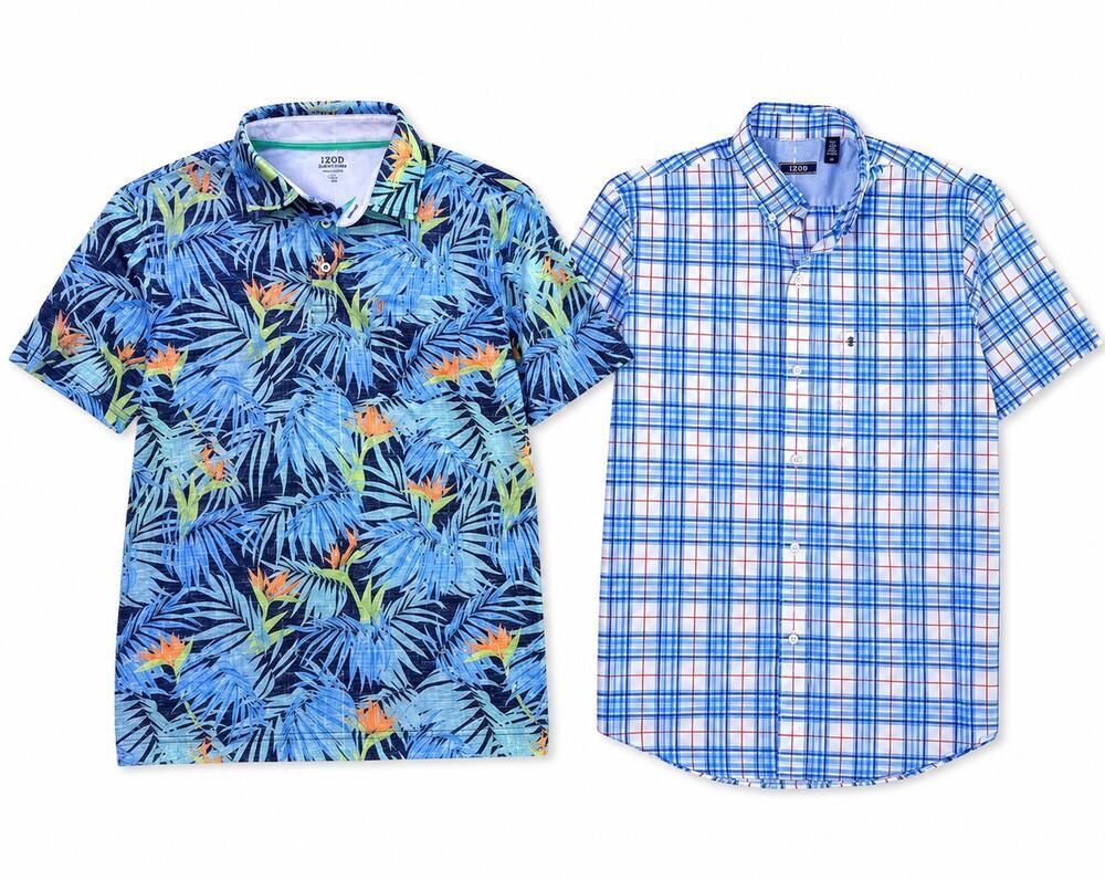 IZOD Men's Small Shirt Bundle Tropical Performance Polo & Plaid Button Down, 2PC